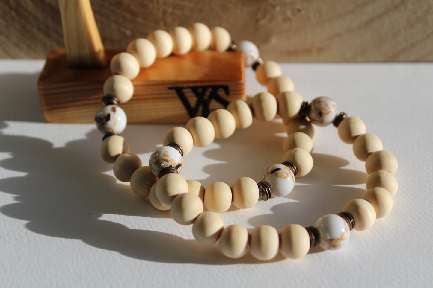 Beads Wooden Bracelet - White Agate