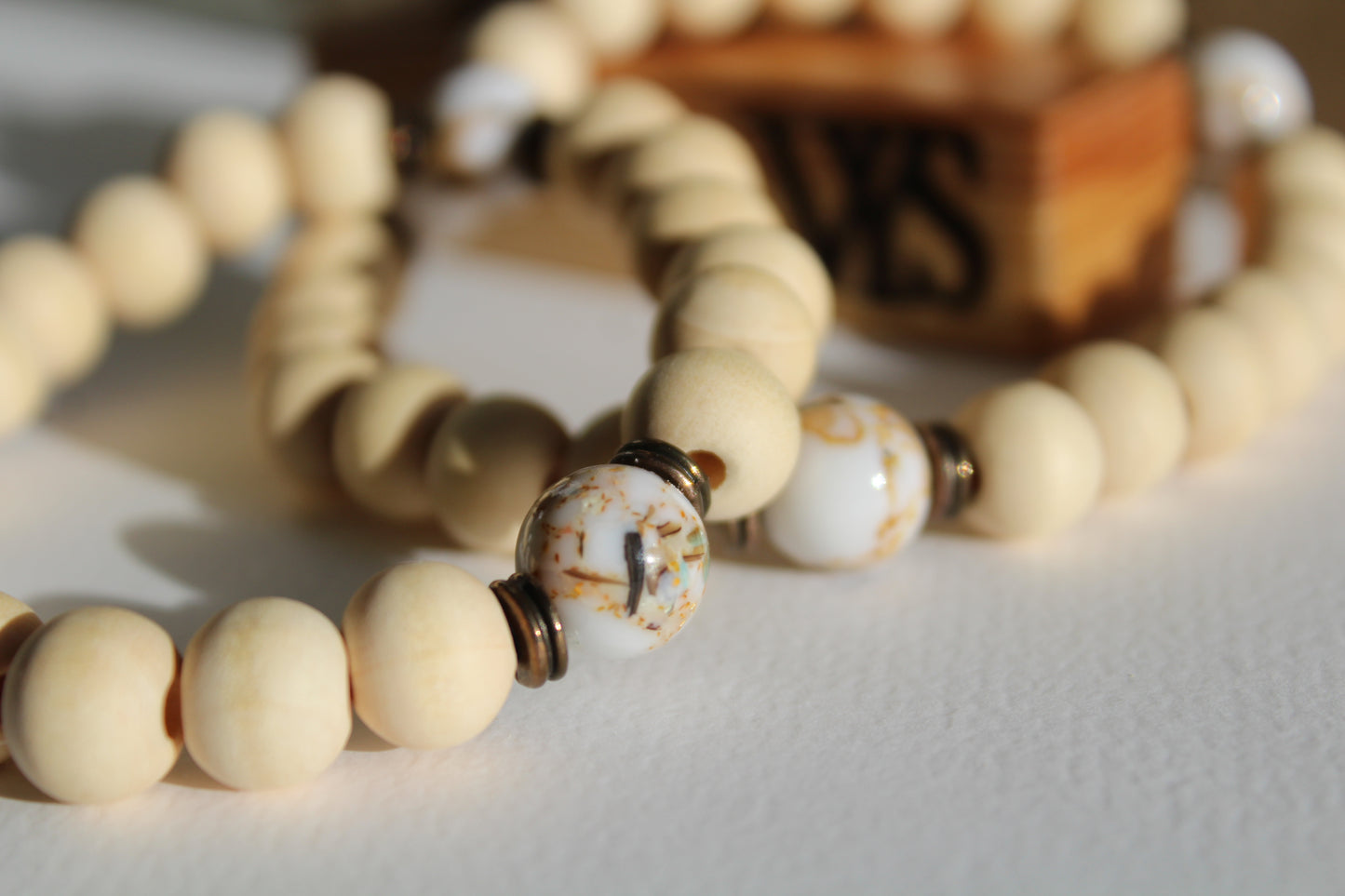 Beads Wooden Bracelet - White Agate