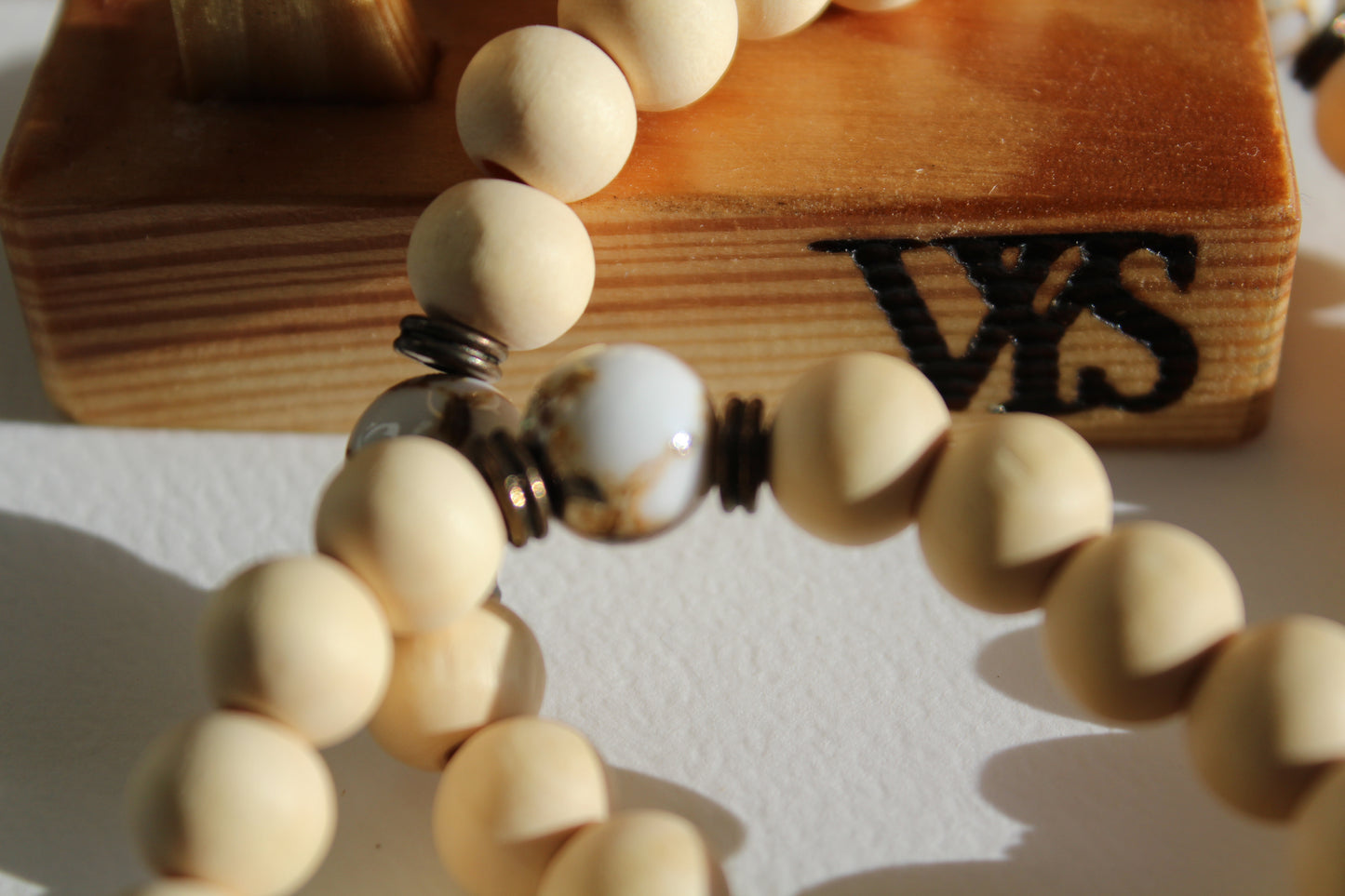 Beads Wooden Bracelet - White Agate