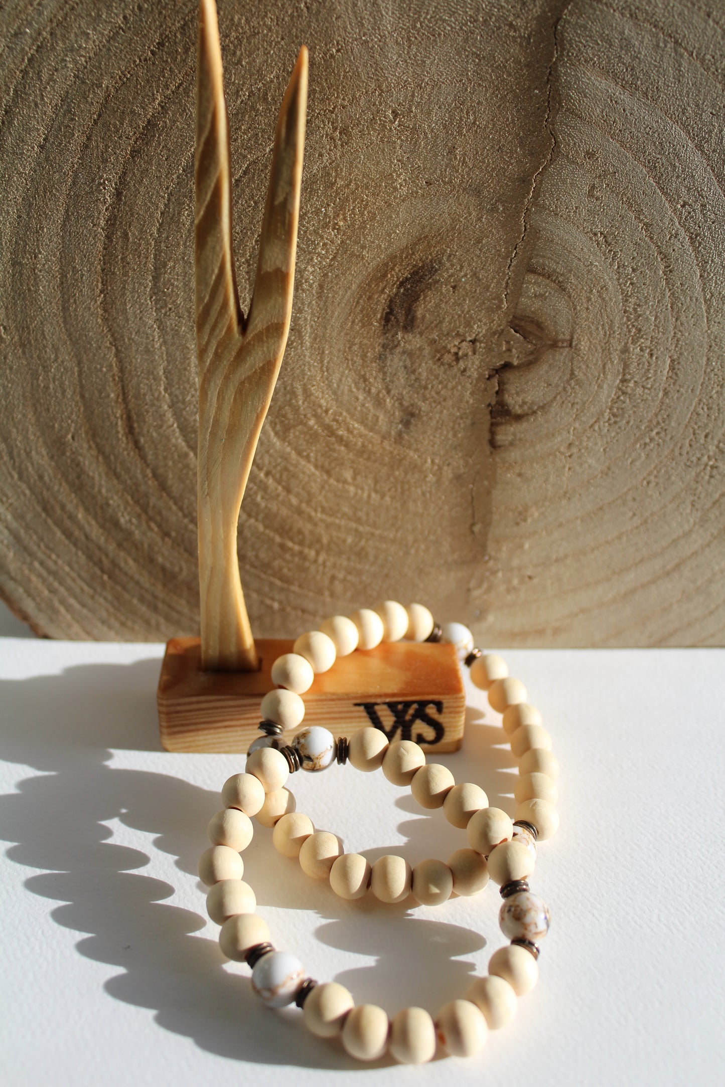 Beads Wooden Bracelet - White Agate