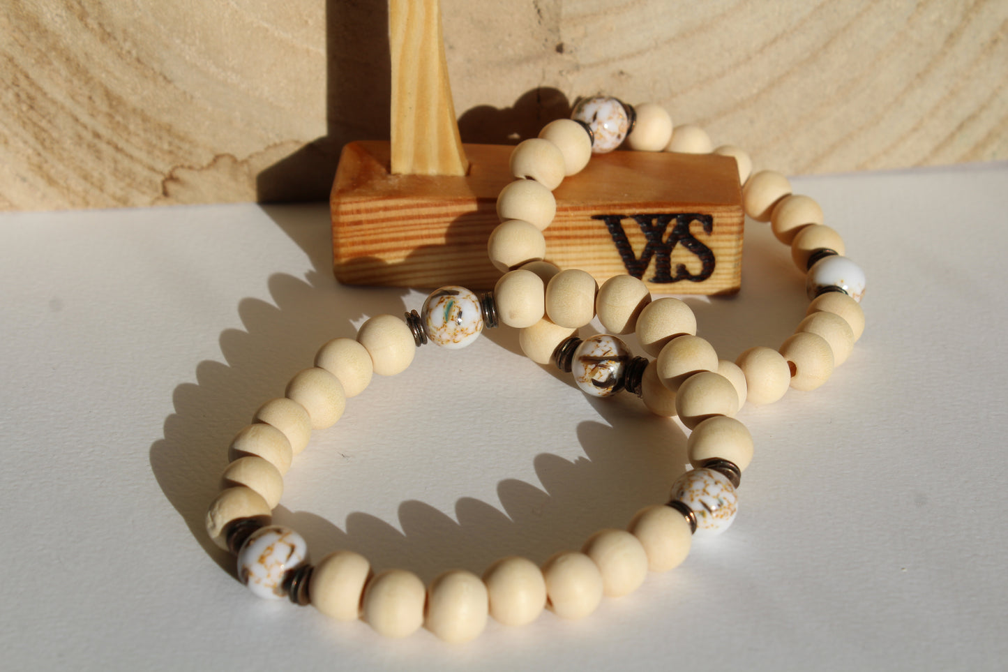 Beads Wooden Bracelet - White Agate