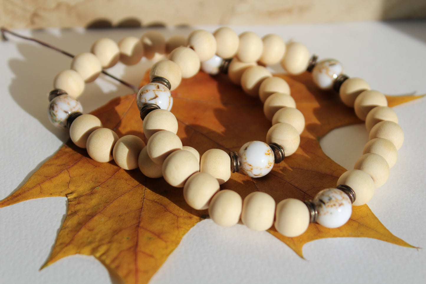 Beads Wooden Bracelet - White Agate